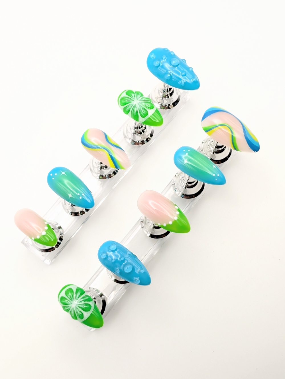 Handmade Summer Blue Green Lime Med. Almond Press On Nails